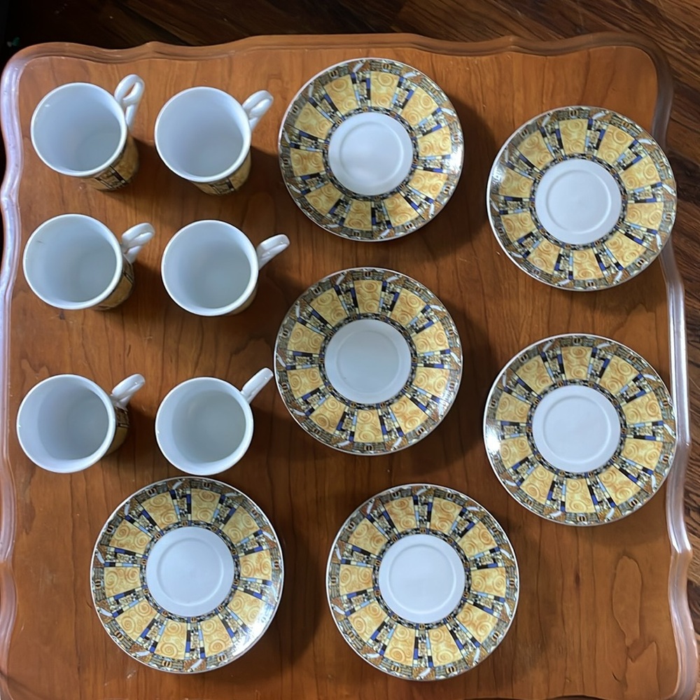 🌎Set of 6 Mosaic Cup Saucer Set Blue Yellow Espresso Tea Coffee Fine Porcelain